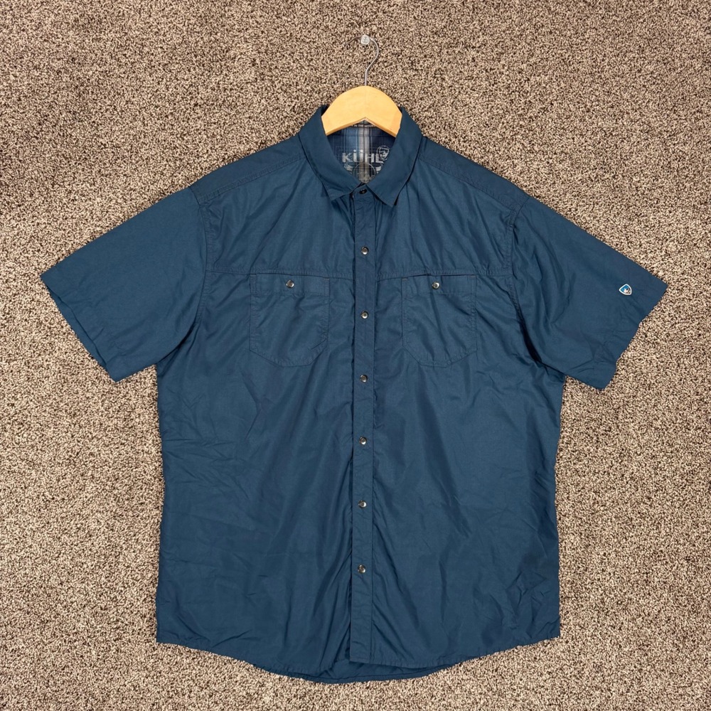 Kuhl Stealth Shirt Mens L Blue Snap Button Pockets Performance Short Sleeve